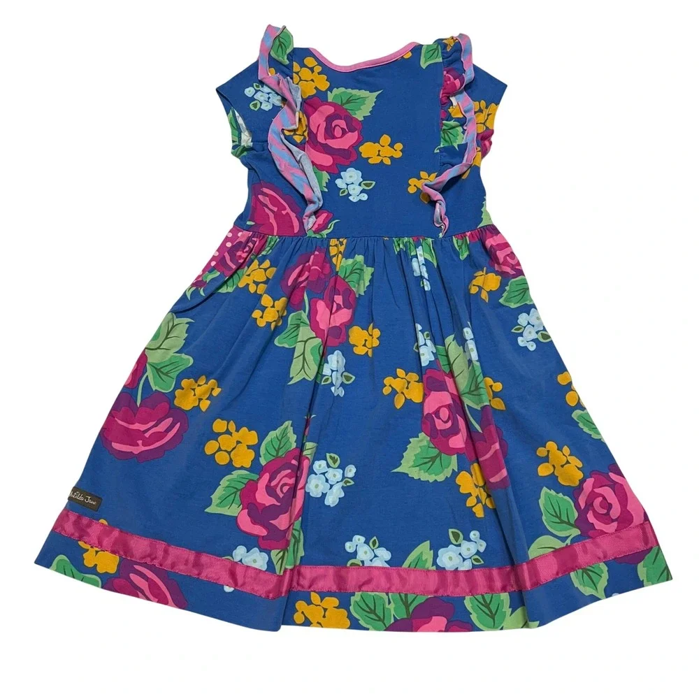 Matilda Jane Girls Blue Floral Ruffle Pocket Dress Size 10 Pink Rose Polka Dot